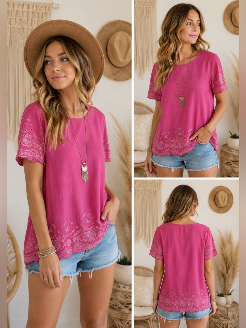 Peyton Primrose Pink Eyelet Embroidered Boho Blouse Top